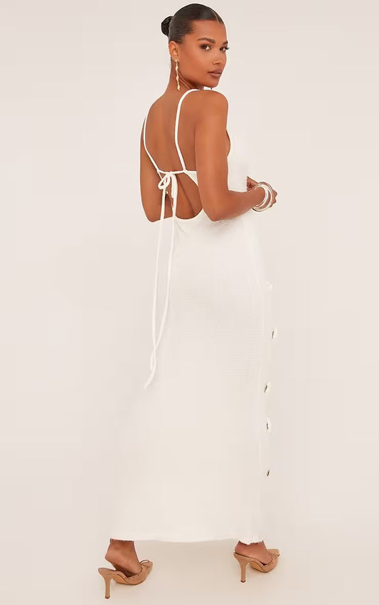 Ego - strappy v neck 3d flower detail maxi dress in cream