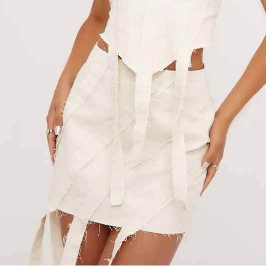 Ego - High Waist Raw Edge Strap Detail Mini Skirt In Stone
