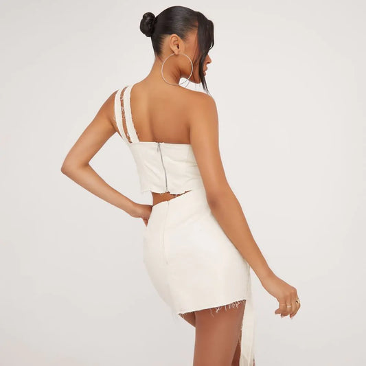 One Shoulder Raw Edge Strap Detail Dipped Hem Corset Top In Stone Canvas
