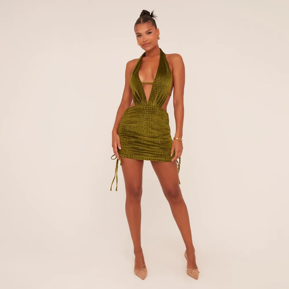 Plunge Halterneck Ruched Side Tie Back Mini Bodycon Dress In Green Snake Print Velvet
