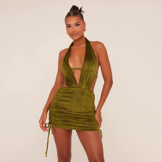 Plunge Halterneck Ruched Side Tie Back Mini Bodycon Dress In Green Snake Print Velvet