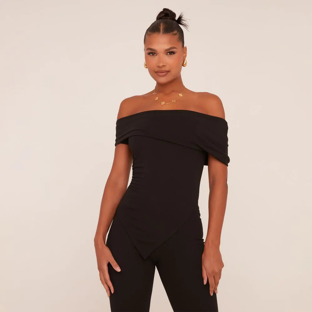 Asymmetric Bardot Flared Jumpsuit In Black Slinky