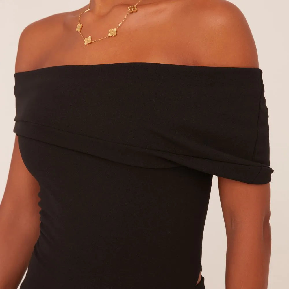 Asymmetric Bardot Flared Jumpsuit In Black Slinky