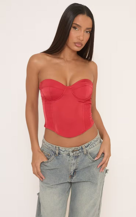 Ego - Bandeau Underwired Pleated Detail Corset Top In Red Satin