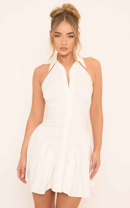 Ego - Sleeveless Collared Volume Shirt Dress In White