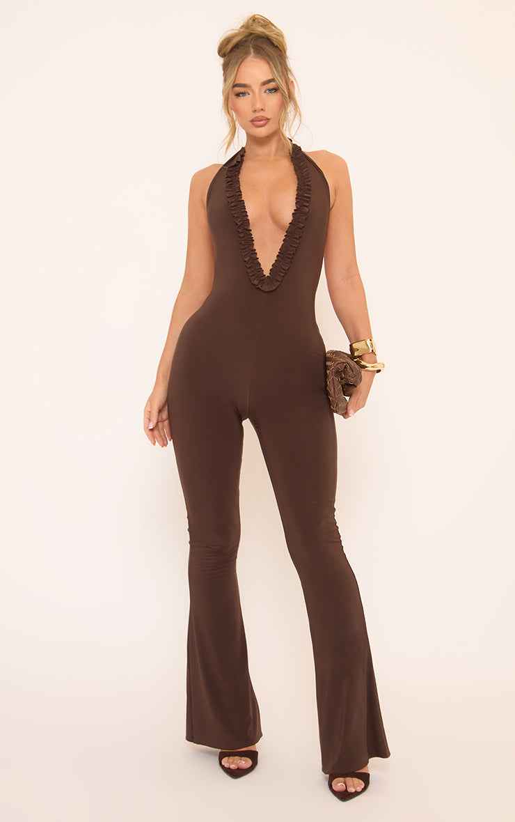 Ego - Plunge Halterneck Frilled Detail Flared Leg Jumpsuit In Brown