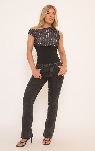 Ego - Off The Shoulder Contrast Asymmetric Top In Black Polka Dot