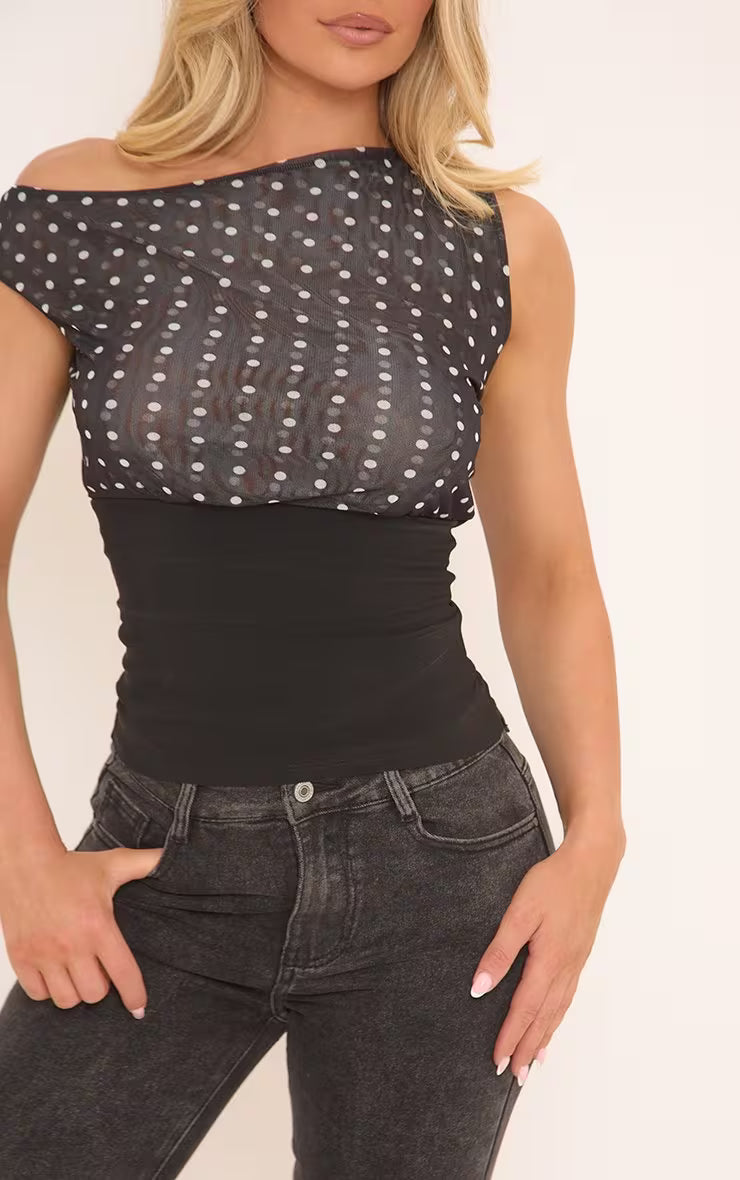 Ego - Off The Shoulder Contrast Asymmetric Top In Black Polka Dot