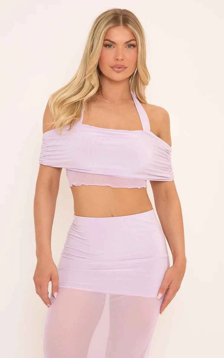 Ego - Halter Neck Bardot Tie Detail Contrast Crop Top In Purple Mesh
