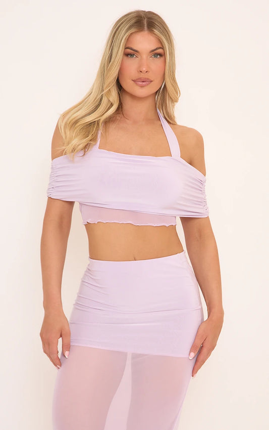 Ego - Halter Neck Bardot Tie Detail Contrast Crop Top In Purple Mesh