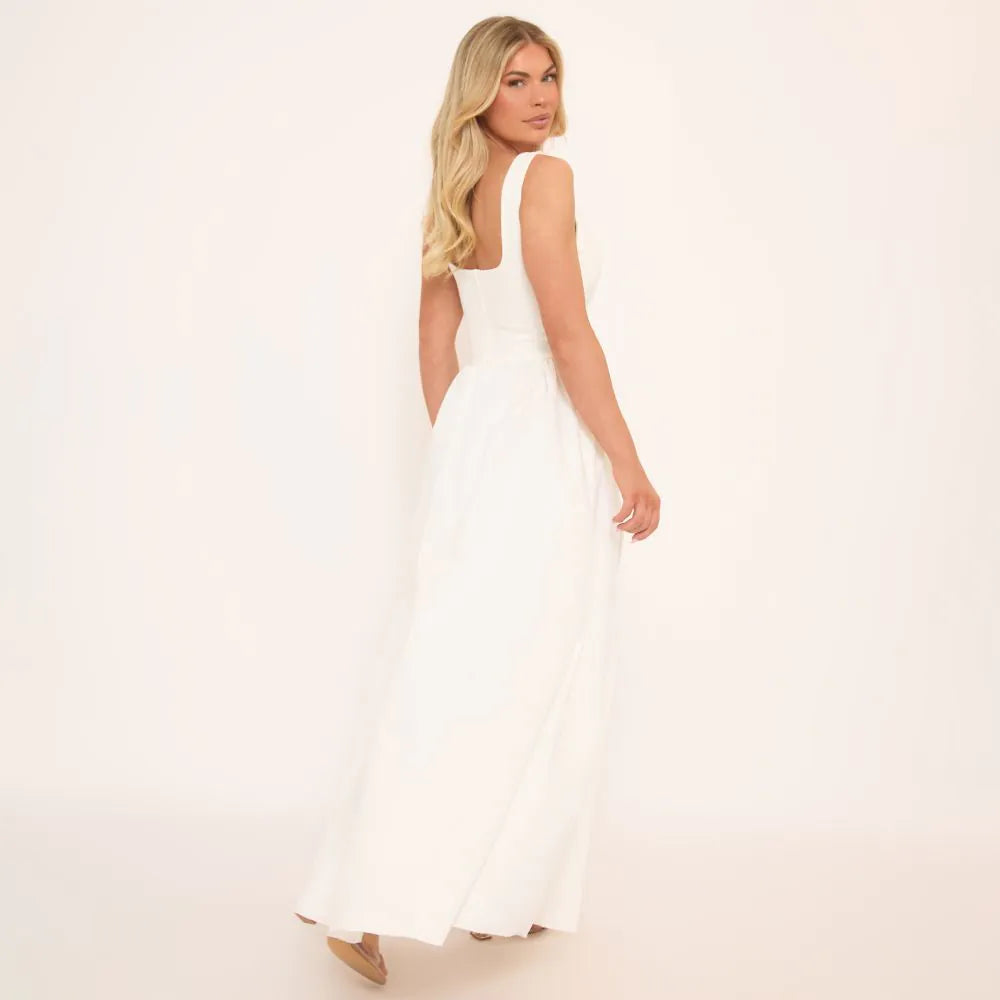 Square Neck Dropped Hem Detail Pleated Maxi Dress In White