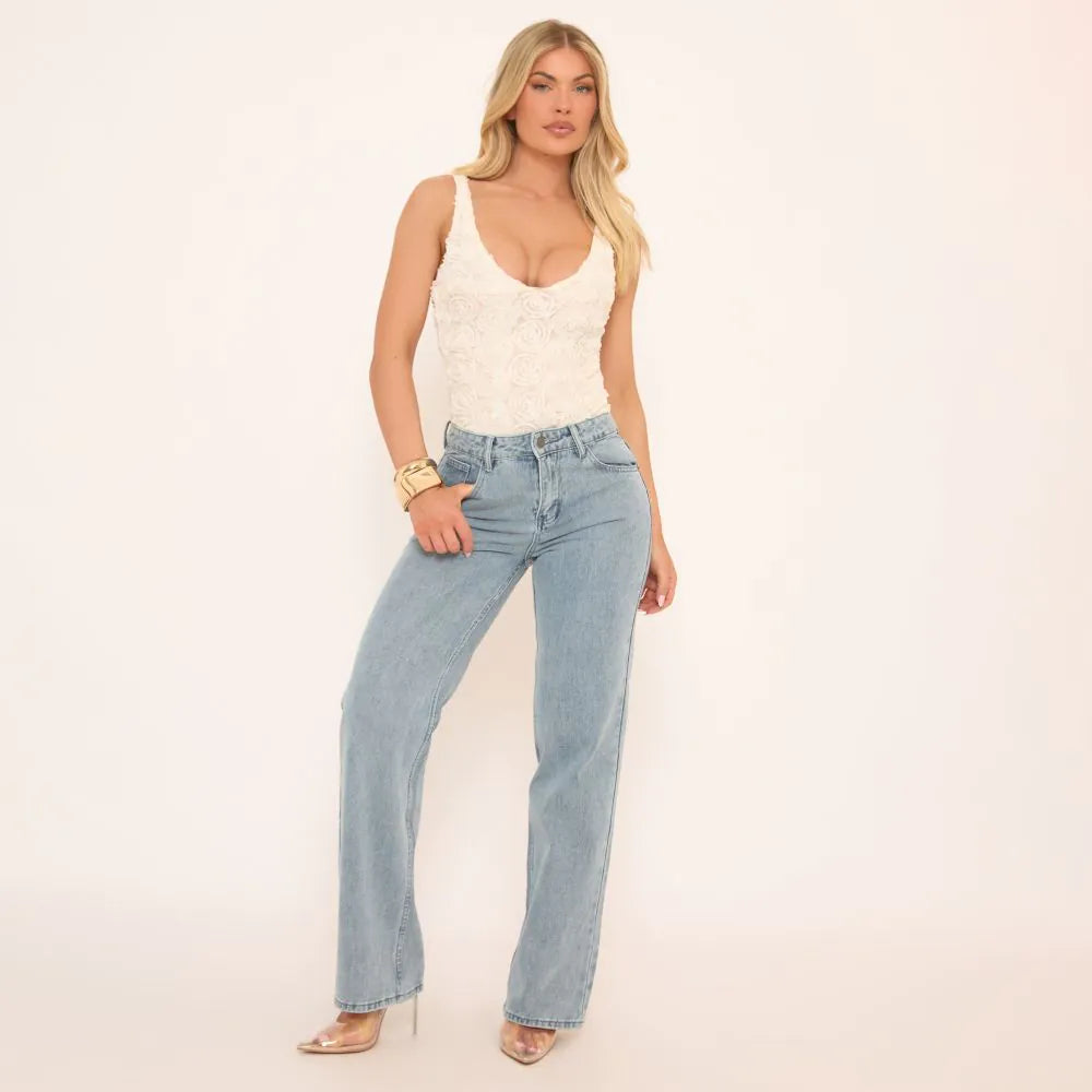 Ego - Sleeveless Scoop Neck Bodysuit In Cream Floral Applique