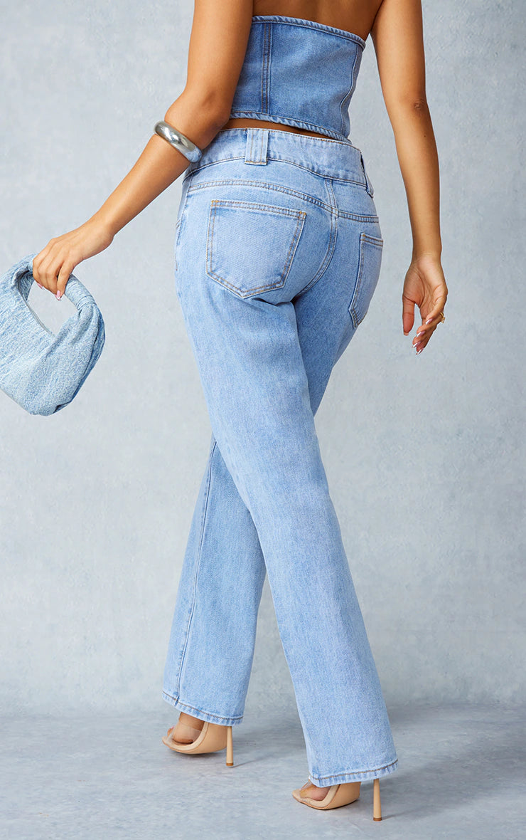 PETITE LIGHT BLUE WASH DENIM STRAIGHT LEG JEANS