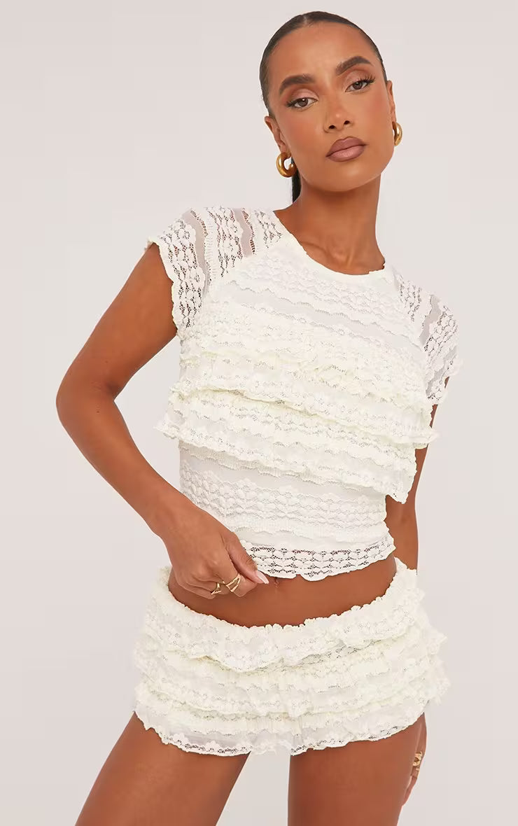 Ego - Short Sleeve All Over Frill Detail T-Shirt In Cream Texture