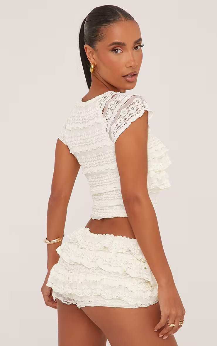 Ego - Short Sleeve All Over Frill Detail T-Shirt In Cream Texture