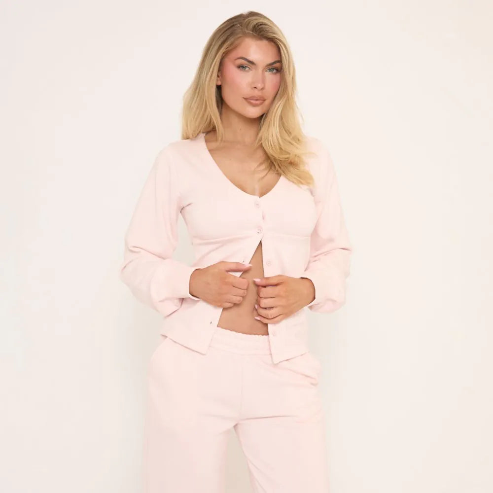 Long Sleeve Button Through Split Front Top In Pink