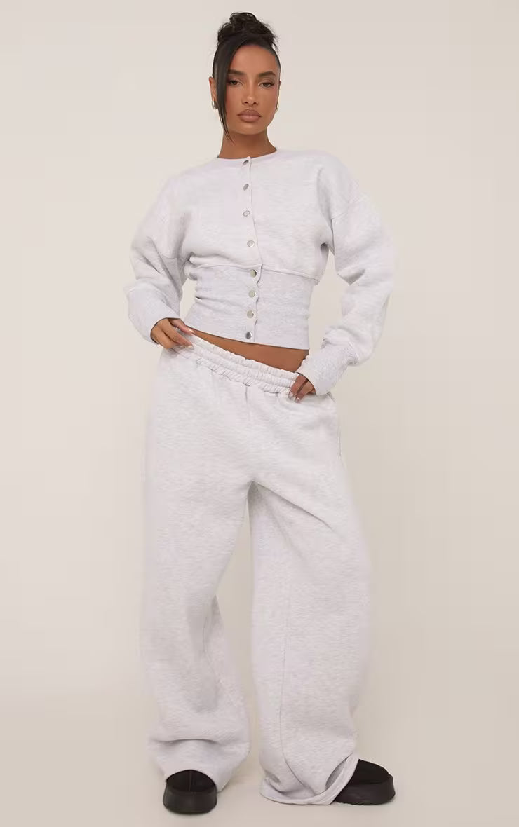 Long Sleeve Popper Detail Cinched Waist Sweatshirt In Grey
