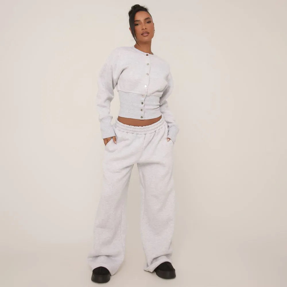 Elasticated Waist Wide Leg Joggers In Grey Marl