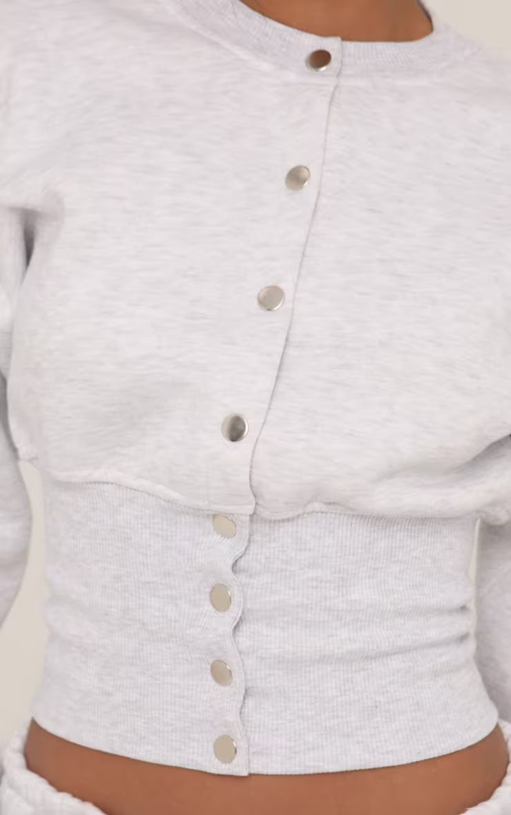 Long Sleeve Popper Detail Cinched Waist Sweatshirt In Grey