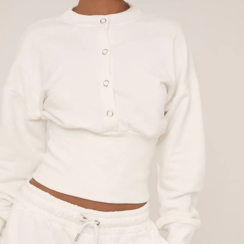 Long Sleeve Popper Detail Cinched Waist Sweatshirt In Cream