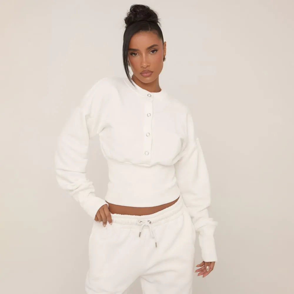 Long Sleeve Popper Detail Cinched Waist Sweatshirt In Cream