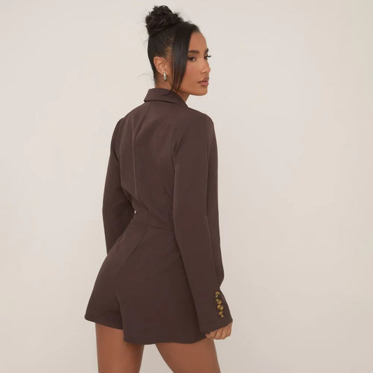 Long Sleeve Cinched Waist Tailored Playsuit In Chocolate Brown Woven