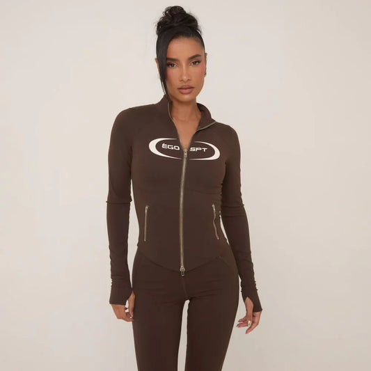 Long Sleeve Zip Through 'Ego Sport' Graphic Sculpt Jacket In Chocolate