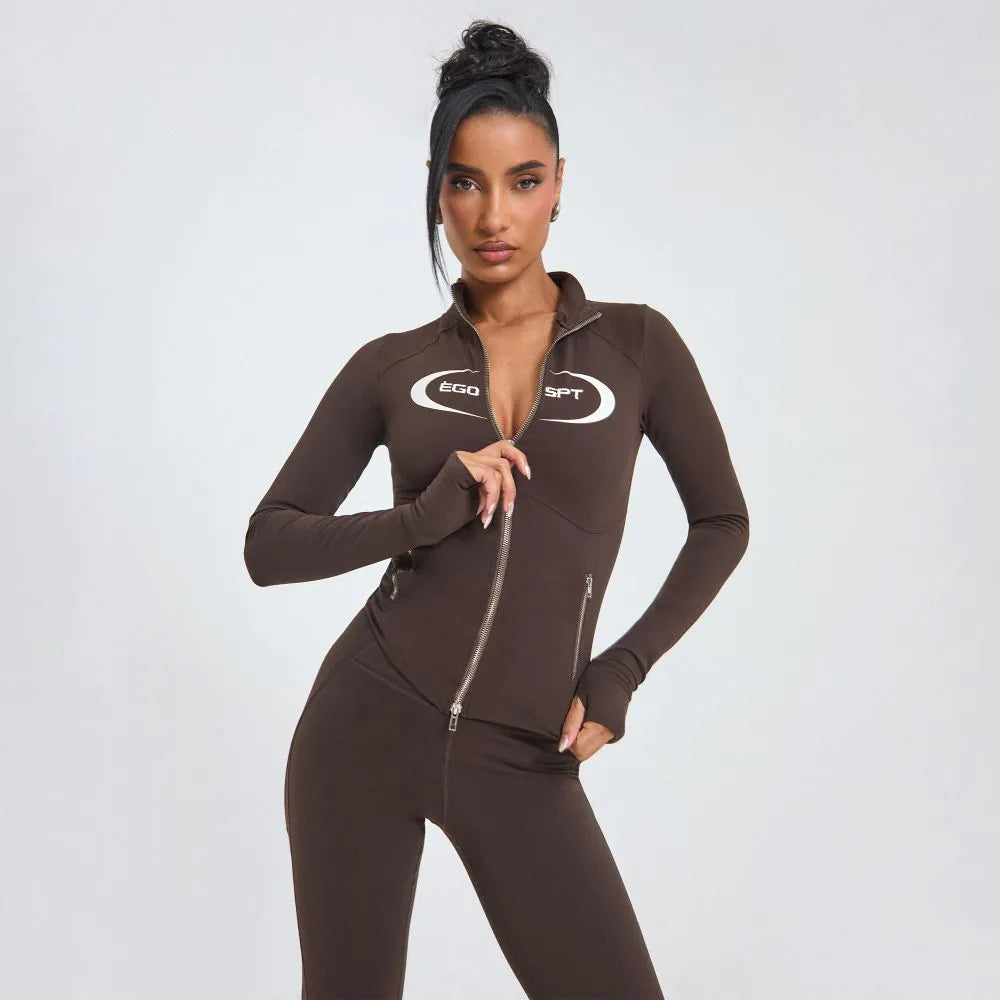 Long Sleeve Zip Through 'Ego Sport' Graphic Sculpt Jacket In Chocolate