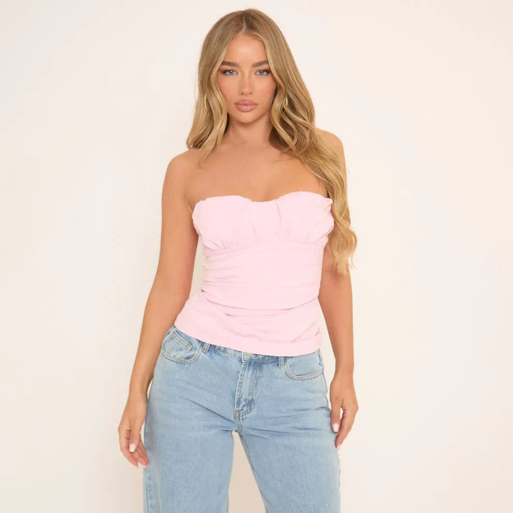 Bandeau Ruched Cup Detail Top In Pink