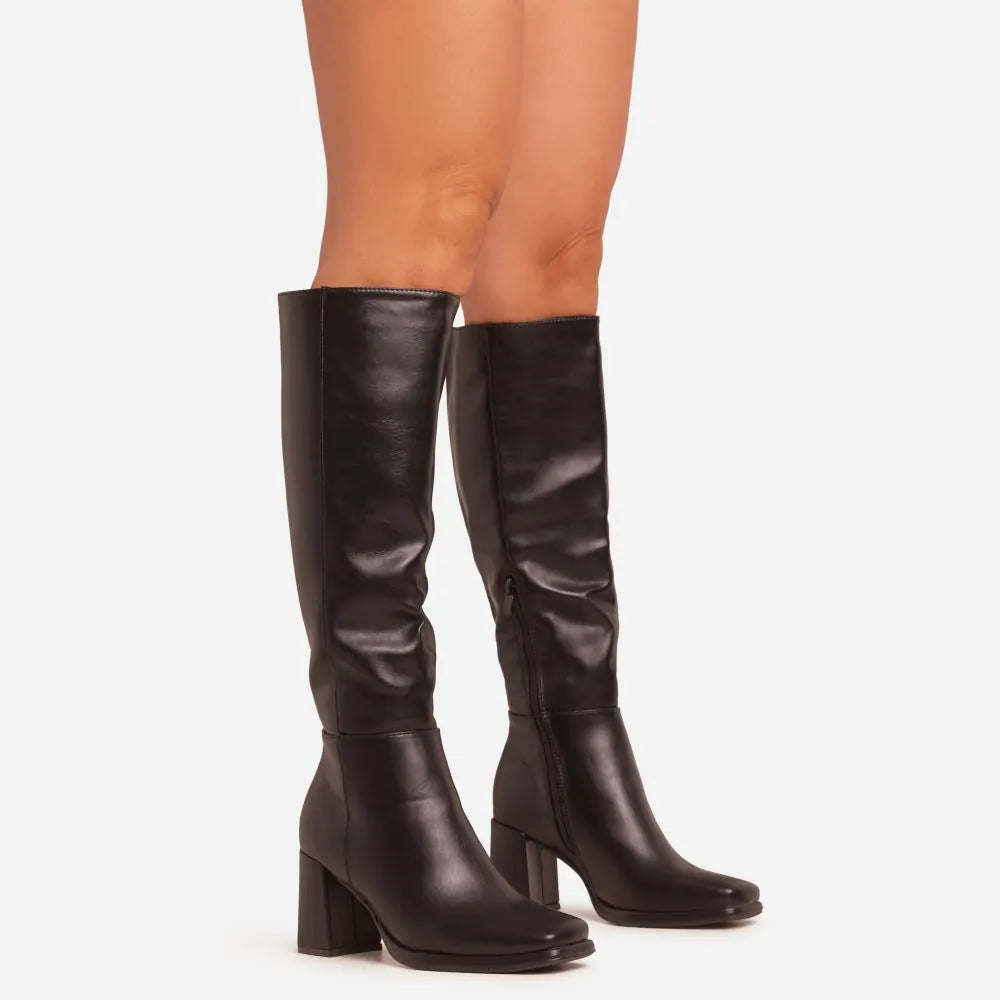 Washington Square Toe Block Heel Knee High Long Boot In Black Faux Leather