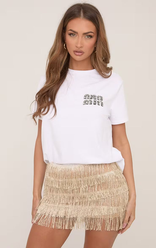 EGO Short Sleeve Sequin Logo Boyfriend Fitted T-Shirt In White