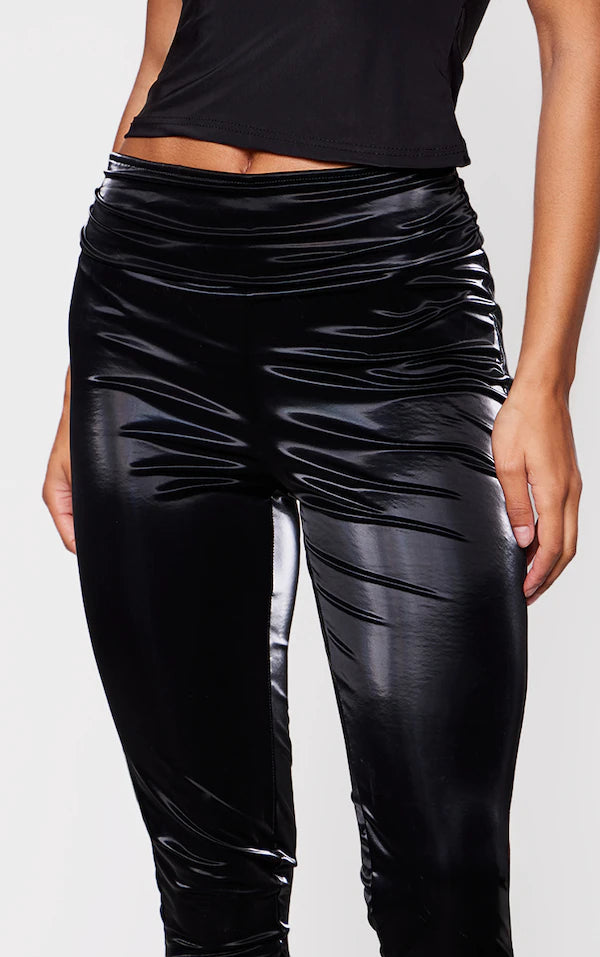 Plt - Black Matte Vinyl Low Rise Fold Over Waist Pants
