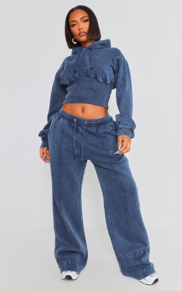 Shape Blue Sweat Cropped Shirred Waist Hoodie