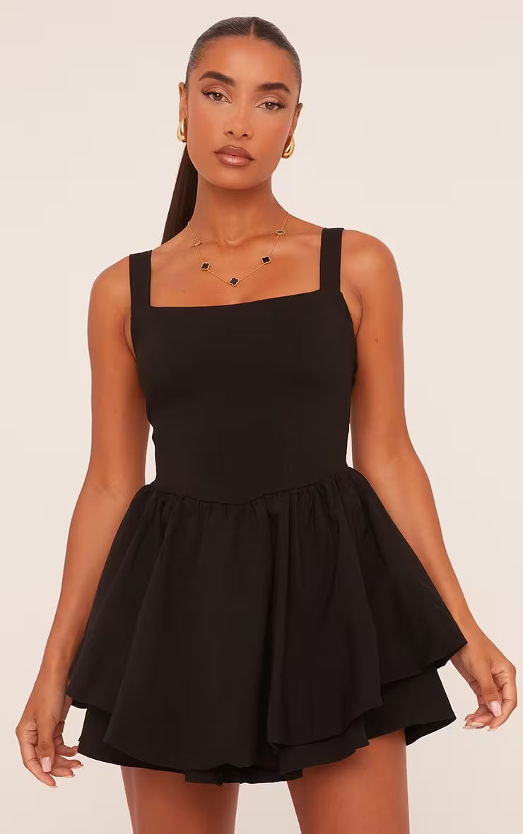 Ego - Square Neck Tiered Puffball Mini Dress In Black