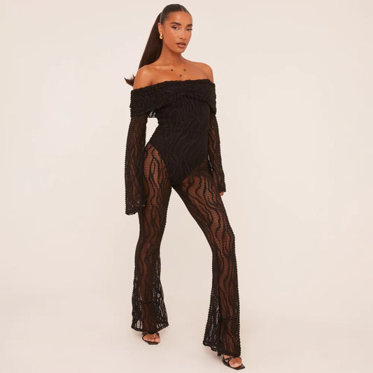 Fold Over Bardot Jumpsuit In Black Zebra Textured Lace