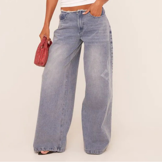 Low Rise Frayed Edge Side Slogan Wide Leg Jeans In Blue Denim