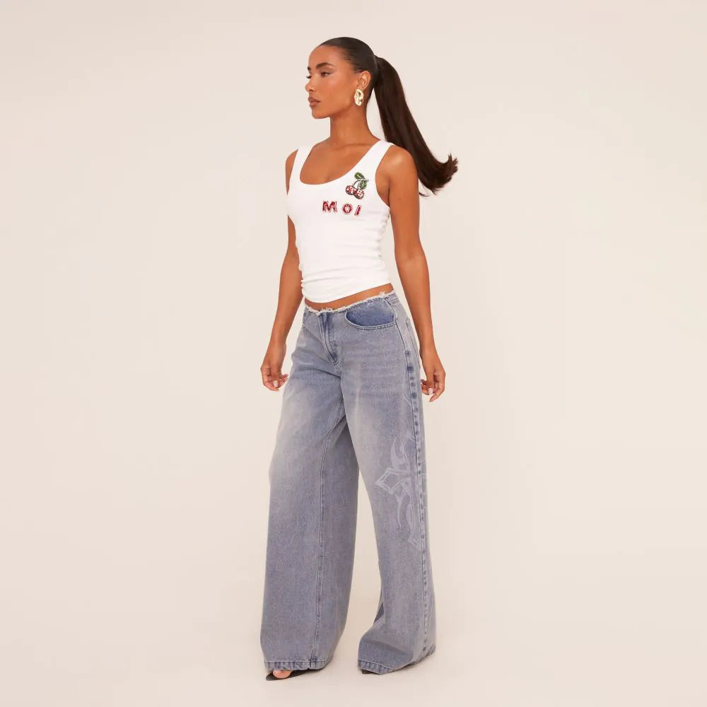 Low Rise Frayed Edge Side Slogan Wide Leg Jeans In Blue Denim