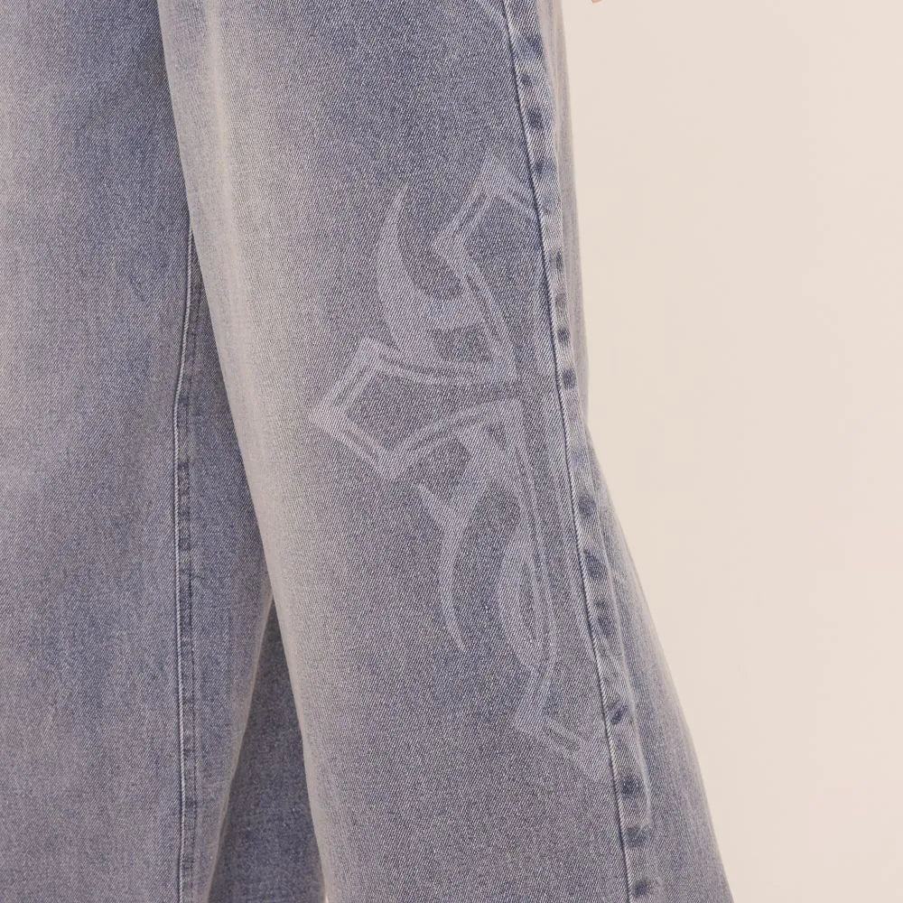 Low Rise Frayed Edge Side Slogan Wide Leg Jeans In Blue Denim