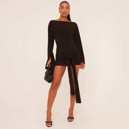 Long Flared Sleeve Drape Detail Mini Bodycon Dress In Black Slinky