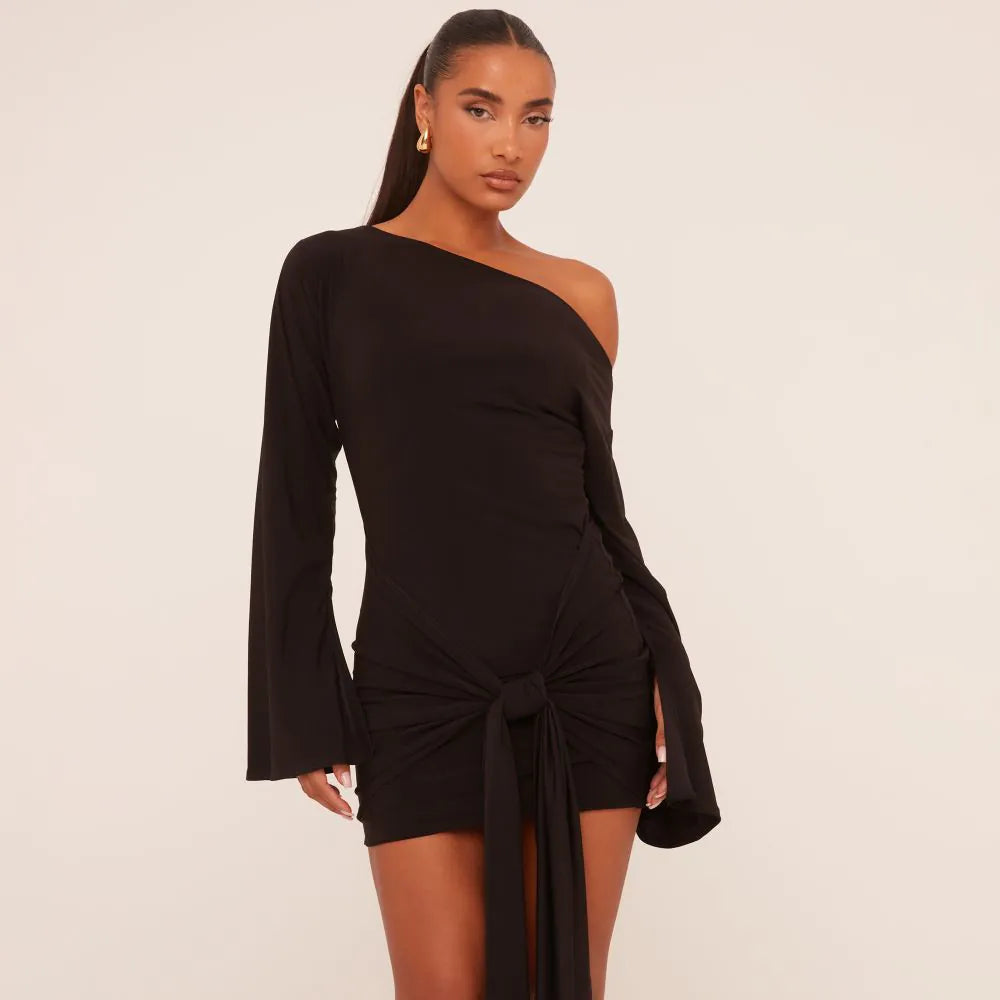 Long Flared Sleeve Drape Detail Mini Bodycon Dress In Black Slinky