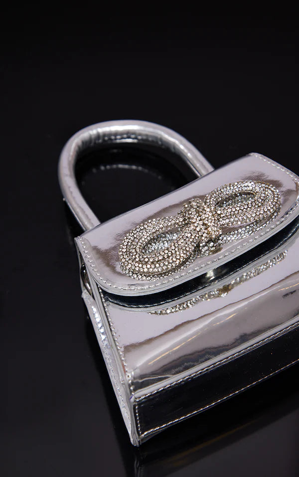 Silver Metallic Diamante Bow Trim Mini Grab Bag