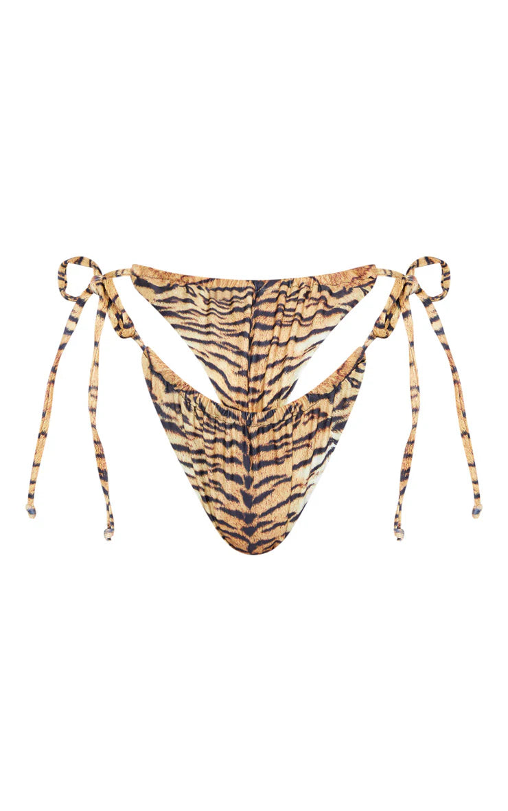 Brown Tiger Adjustable String Tie Bikini Bottoms