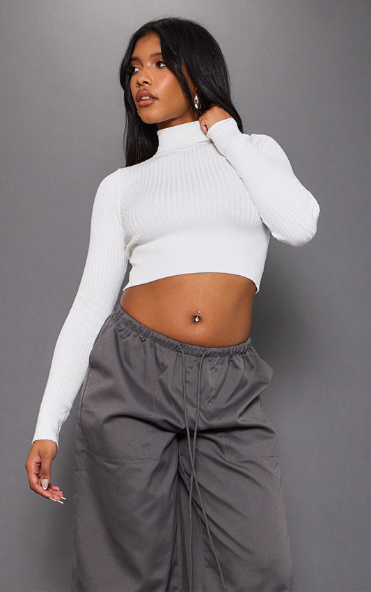 Cream Ribbed Knitted Roll Neck Cropped Sweater