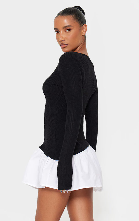 Black Brushed Rib Asymmetric Hem Shift Dress