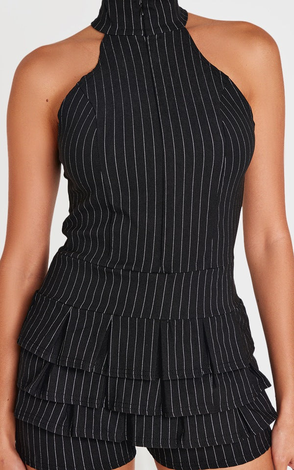 Black Stretch Woven High Neck Rara Skort Playsuit