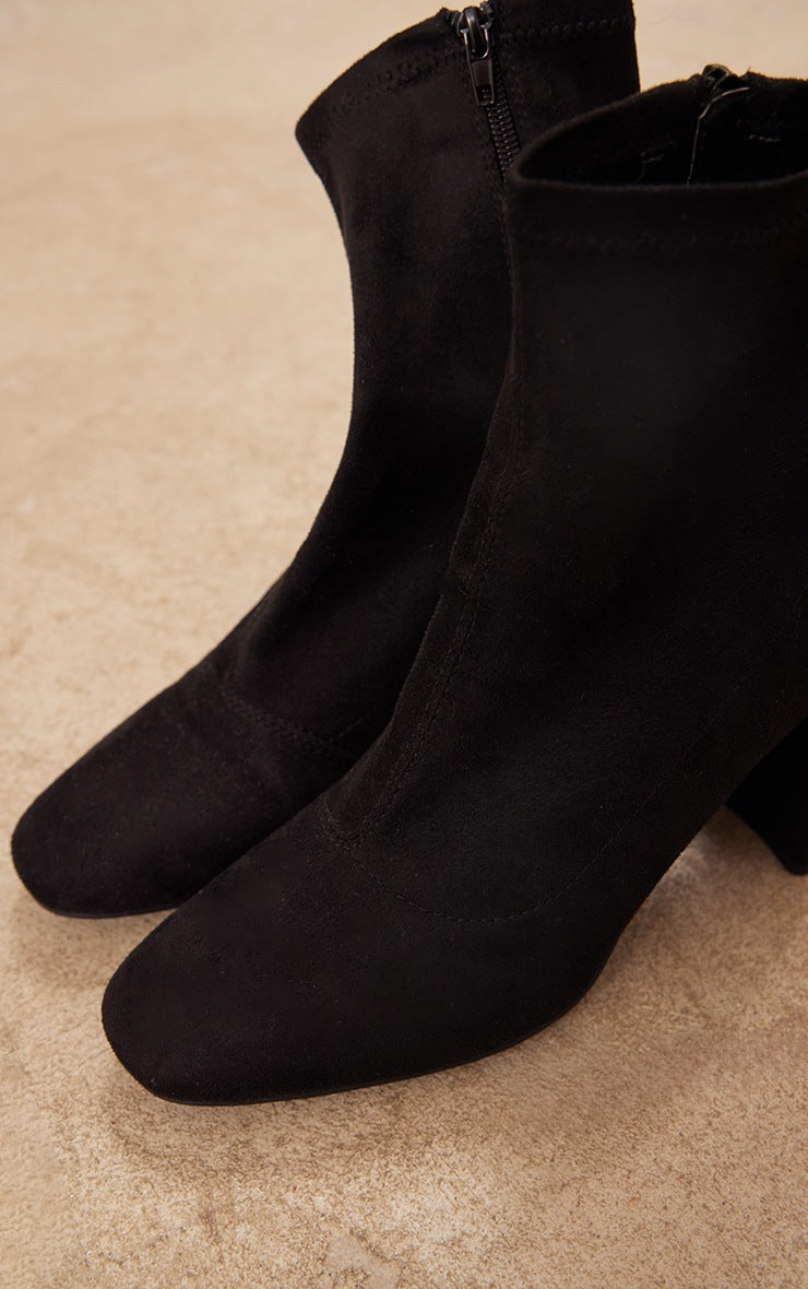 Black Faux Suede Round Toe Heeled Ankle Sock Boots