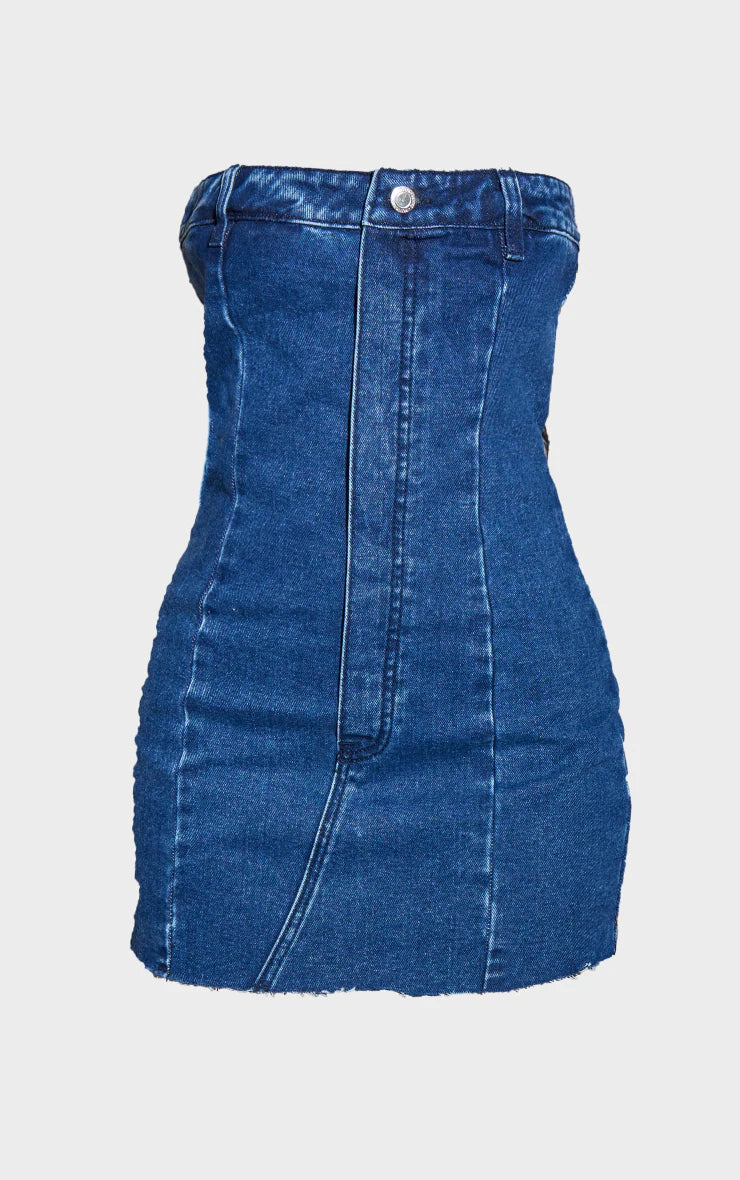 PETITE MID BLUE WASH DENIM BANDEAU MINI DRESS