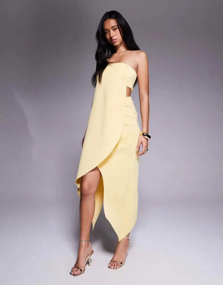 ASOS DESIGN minimal midi dress with wrap round body detailing in yellow scuba
