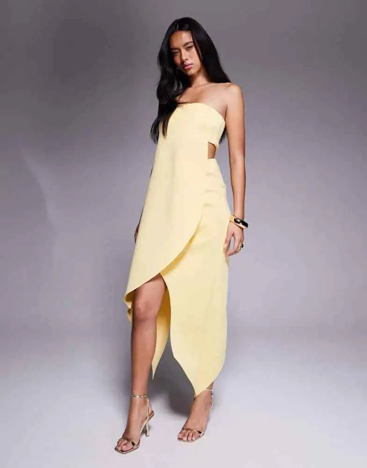 ASOS DESIGN minimal midi dress with wrap round body detailing in yellow scuba