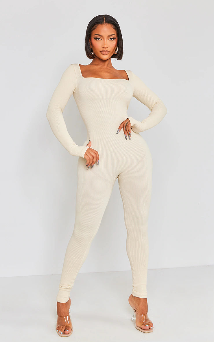 Shape Oatmeal Snatched Rib Square Neck Thumb Hole Jumpsuit